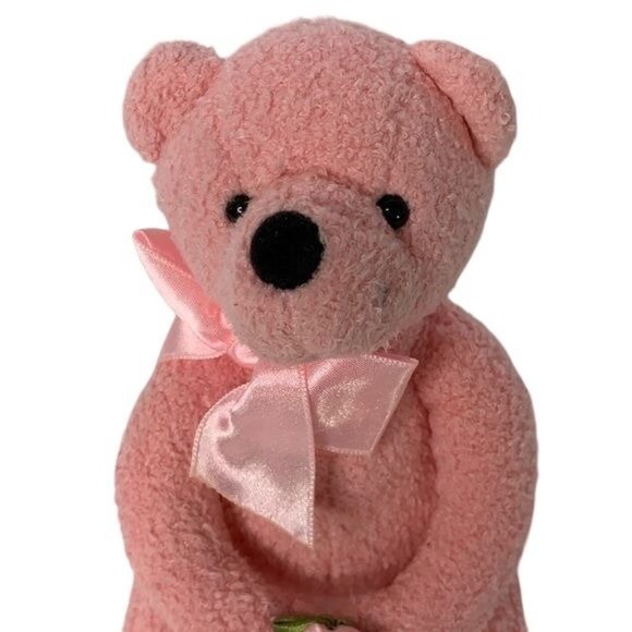 Pink Teddy Bear Neck Bow Holding Rose Jerry Elsner 8 in Stuffed Animal Toy Plush - Picture 2 of 5